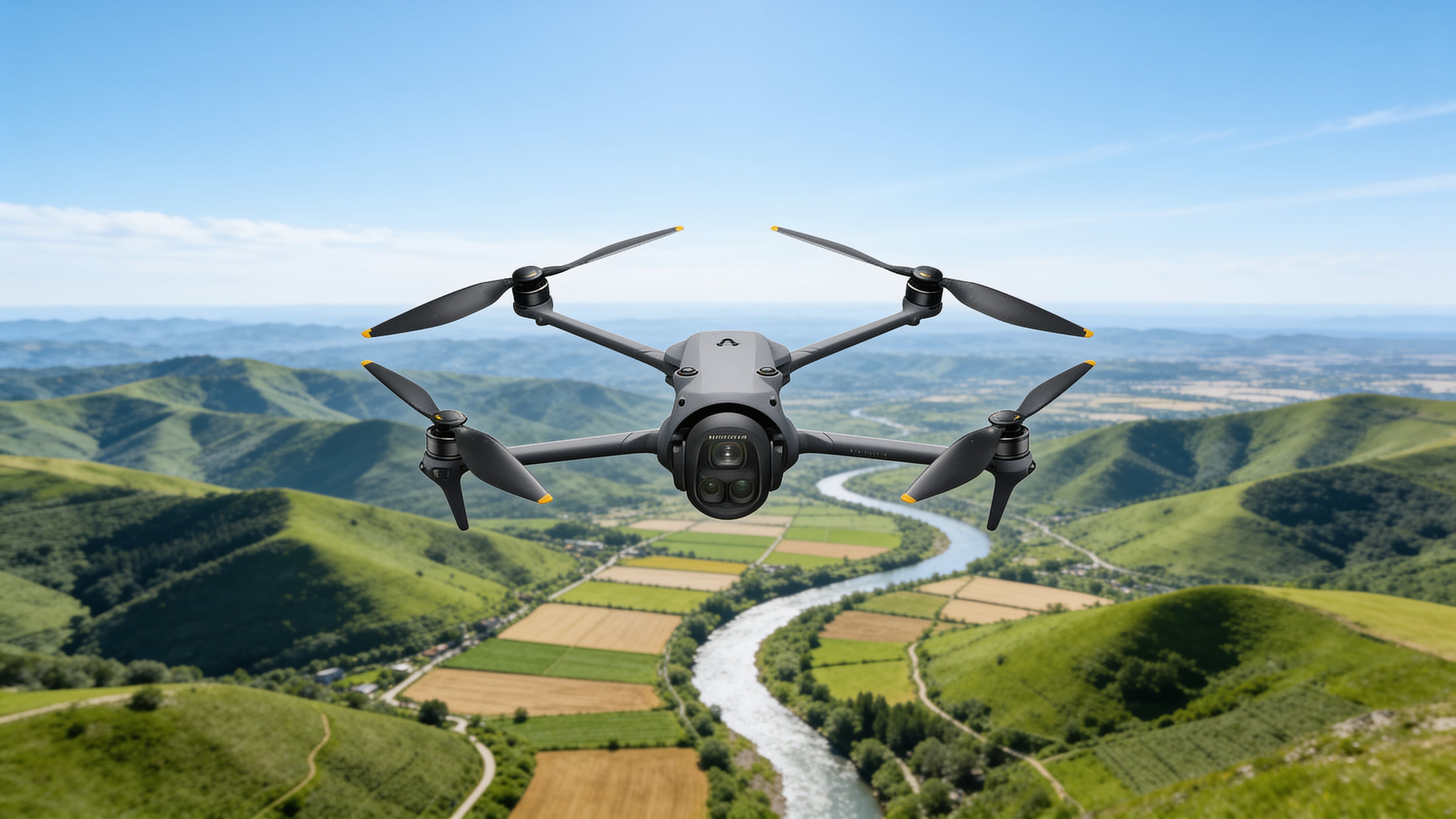 Drone flying over misty mountains at blue hour