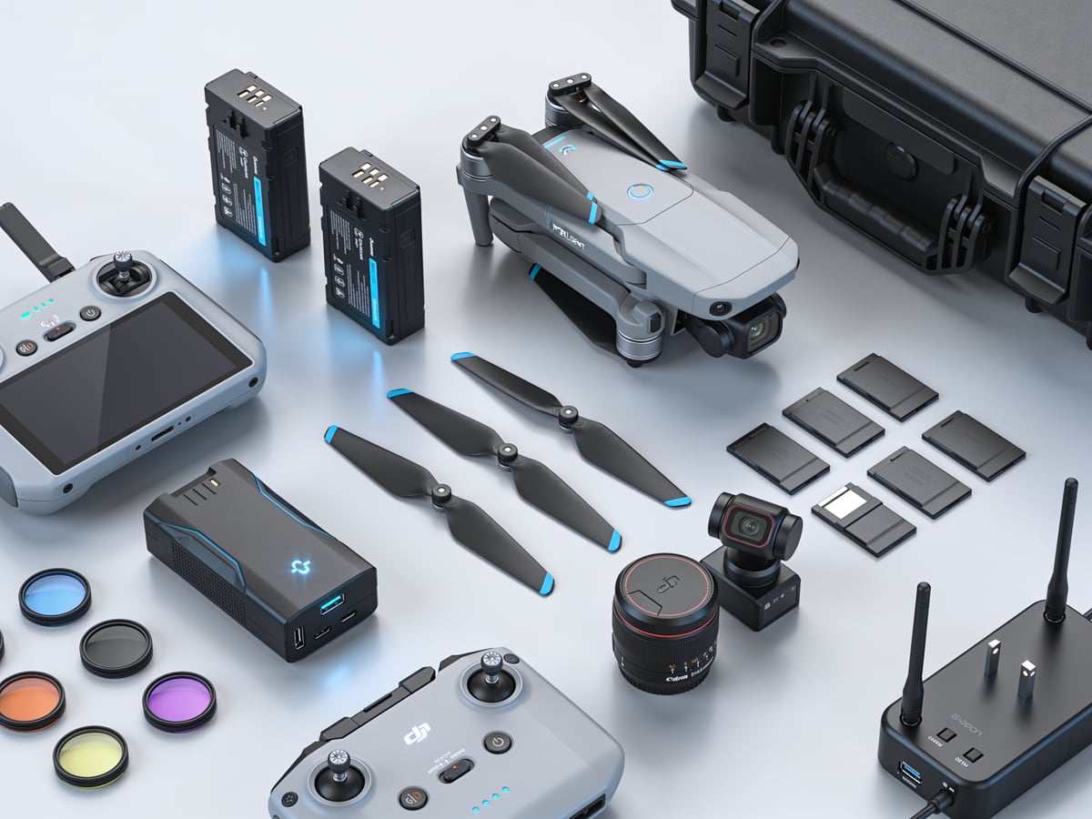 Drone accessories flat-lay
