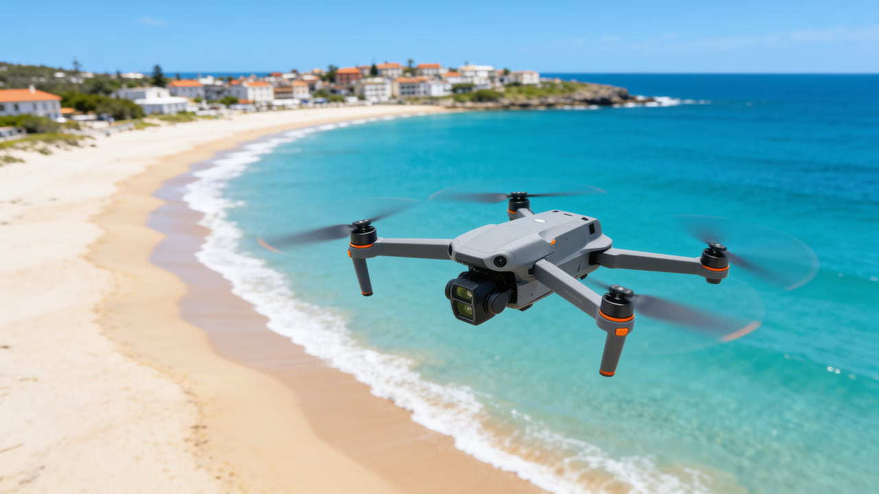 Camera drones in flight over a coastline
