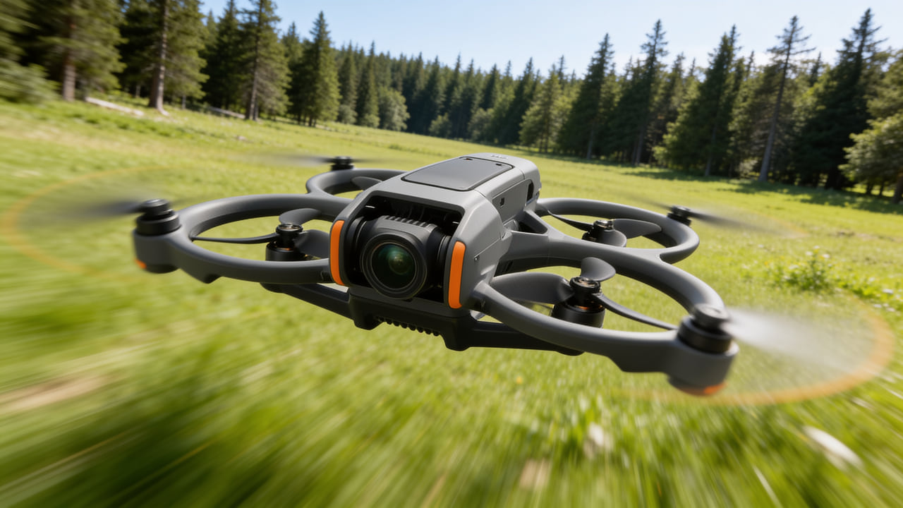 FPV drone racing through a forest canyon